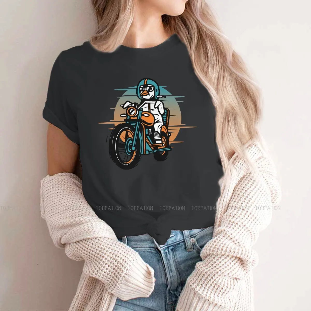 Serin Retro Biker Penguen Klasik kadın T Shirt Motosiklet Sevgilisi Bayanlar Tees Kawaii pamuklu üst giyim Temel Tshirt Büyük Boy Moda