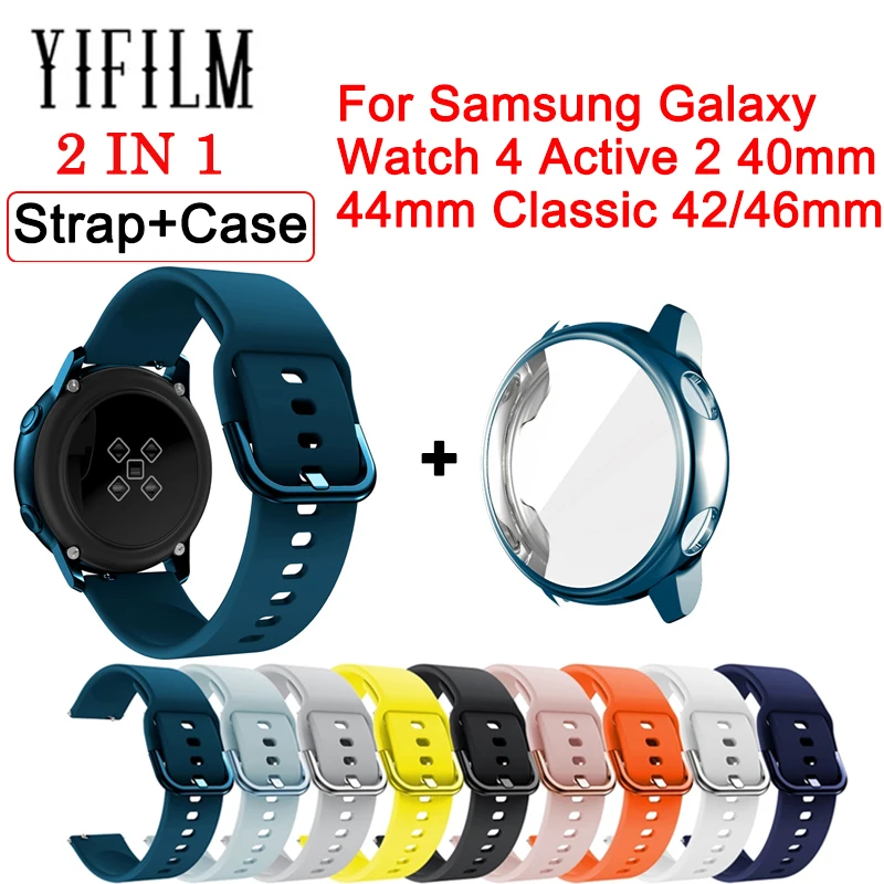 Silikon Kayış + Kılıf Samsung Galaxy İzle 4 Klasik Aktif 2 44 / 40mm 40 / 46mm Akıllı Watchband Bilezik Tam Kapak TPU Tampon