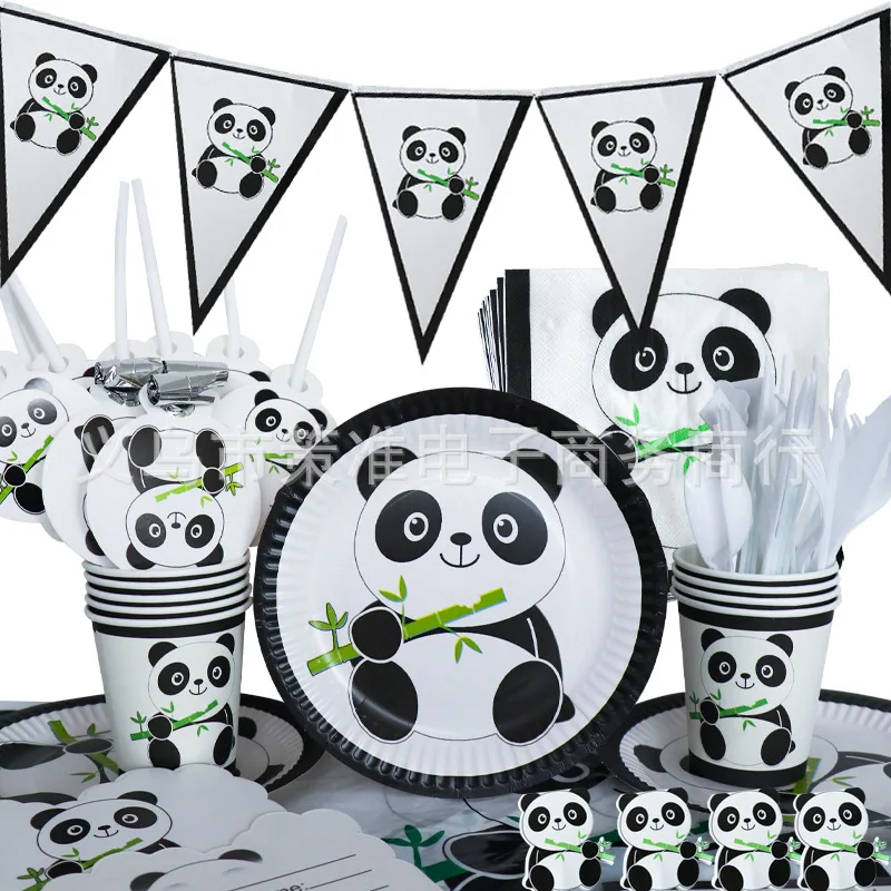 Siyah ve beyaz panda parti malzemeleri basit tema çocuk doğum günü kağıdı tabak kağıt bardak çekme bayrağı şapka masa örtüsü balon par