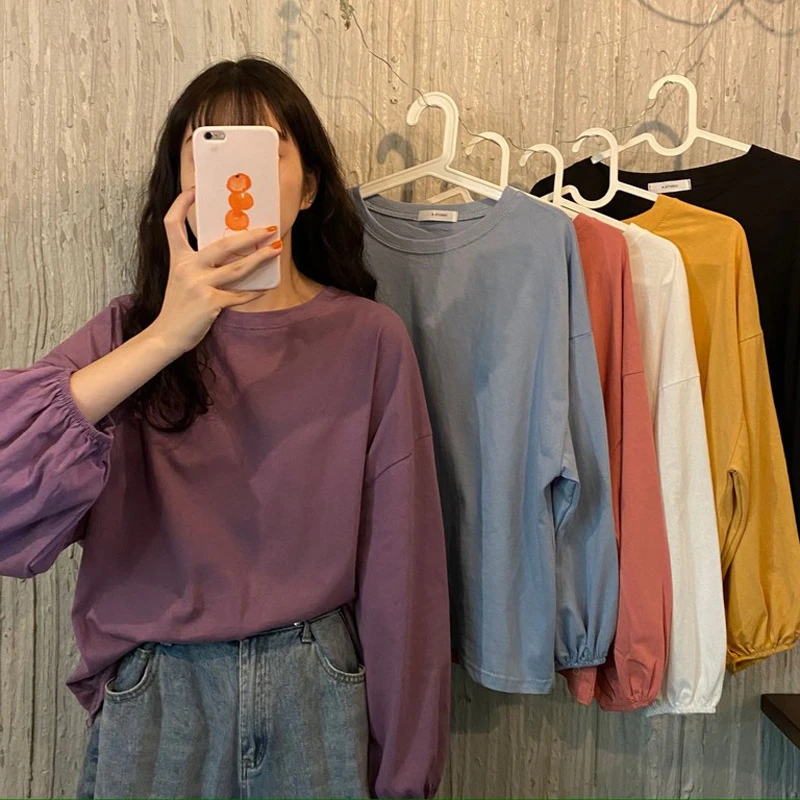 Sonbahar Y2K T-shirt Kadın Kore Moda Harajuku Tee Gömlek Femme Gevşek Kazak Uzun Fener Kollu Elbise Kadın Üstleri