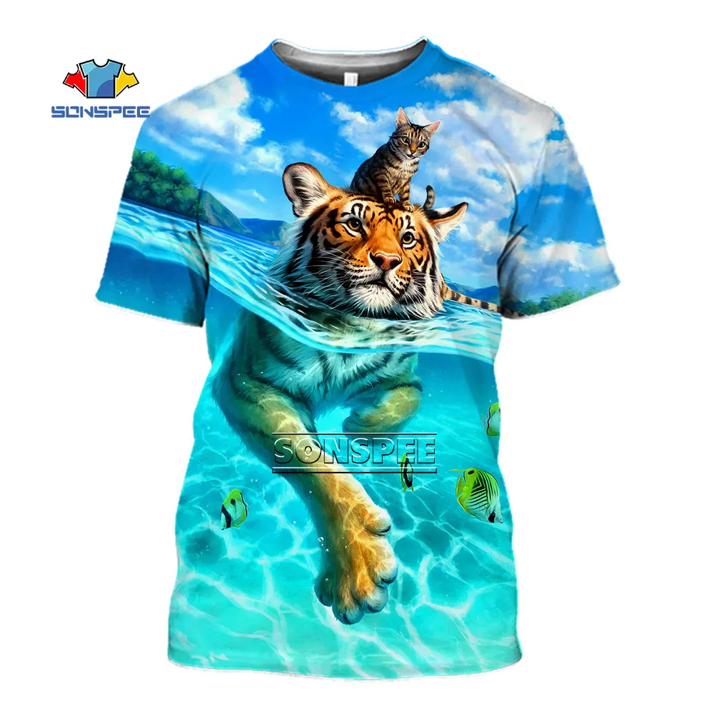 SONSPEE 2022 Yaz Yeni 3D Baskılı Hayvan Kedi Kaplan T-shirt Serin Komik Tees Tops Moda Yuvarlak Boyun Kısa Kollu erkek Giysileri