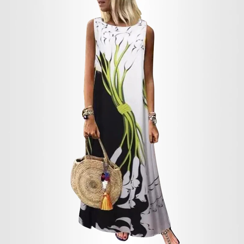 Sundress Kadınlar yaz elbisesi 2020 Baskı Çiçek Elbise Midi Artı Boyutu Rahat Keten Gevşek Kolsuz baskılı Uzun Maxi Elbise