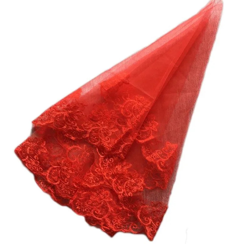 Tek Katmanlı Kadın Kız Kırmızı düğün duvağı Nakış Çiçek Dantel Trim Cadılar Bayramı Cosplay Kostüm Şeffaf saç aksesuarları