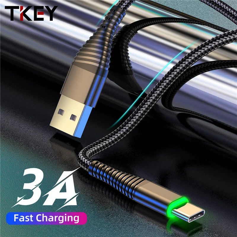 Tkey 0.5 m/1 m / 2 m LED 3A USB C Tipi Kablo Hızlı Şarj Kablosu Tip-C USB-C Veri Kablosu Tel Samsung Galaxy Xiaomi Huawei İçin Not 7