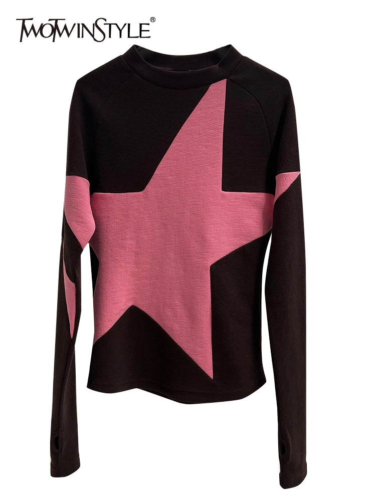 TWOTWINSTYLE Moda Patchwork Yıldız Colorblock T Shirt Kadınlar İçin Yuvarlak Boyun Uzun Kollu T Shirt Kadın Giyim Yeni 2022 Tarzı