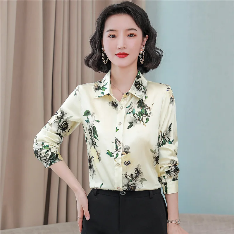 Uzun Kollu İpek Bluz kadın Gömlek Kore Moda Çiçek Baskı Yaka OL Bayanlar Zarif İş Gömlek Kadın Casual Tops 2022 S-4X