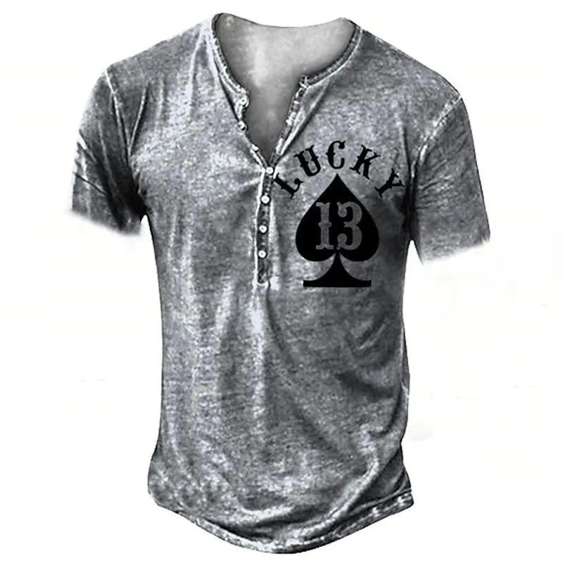 Vintage Pamuk T Shirt Erkekler İçin Yaz Poker Baskı V Boyun Düğmesi Sokak Gevşek Kısa Kollu büyük boy tişört erkek Henley Gömlek