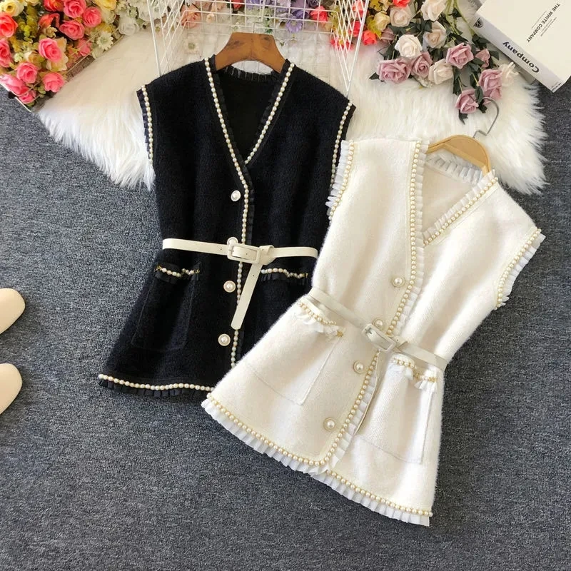 Vintage Yün Kazak Yelek Ceket Kadın Bahar Zarif V Yaka Kolsuz Yelekler Kore Rahat Boncuk Kemer Şık Giyim