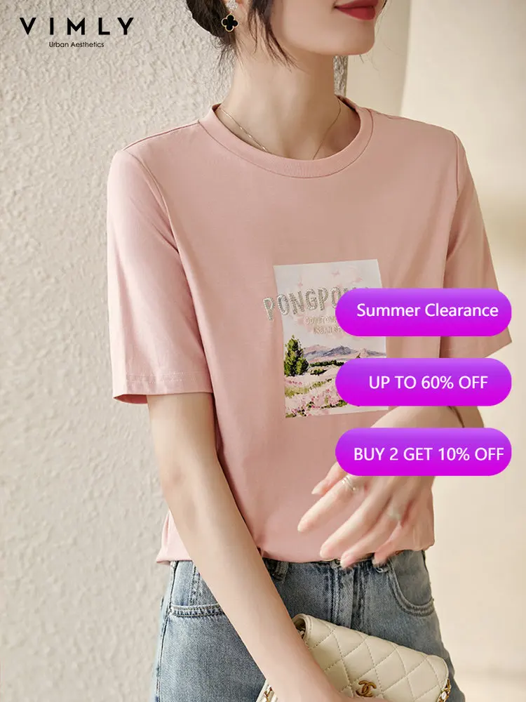VİMLY yazlık t-shirt Kadınlar için 2022 Düz Rahat O-Boyun Pamuk Kısa Kollu Manzara Desen Üstleri Kore Kadın Giyim V2900