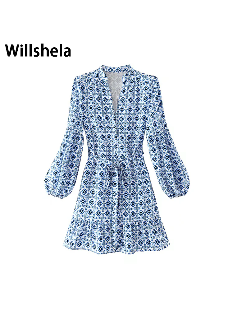 Willshela Kadın Moda Kemer Baskılı Tek Göğüslü Mini Elbise Vintage V Yaka Uzun Kollu Kadın Şık kadın elbiseleri