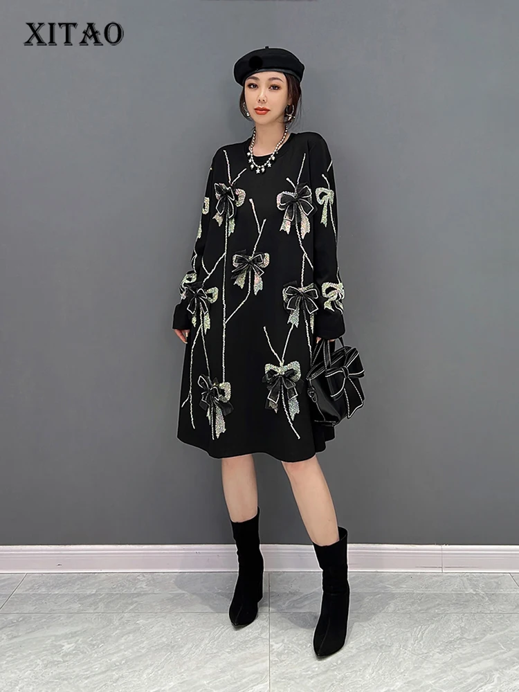 XITAO Örgü Yay Ekleme Örgü Elbise Gevşek Moda Rahat Kontrast Renk sıfır yaka bluzlar Kazak Kazak Yeni Elbise WLD9323