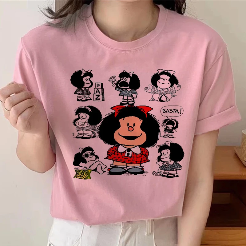 Yaz harajuku tişört Kawaii Mafalda Mektup Baskı Grafik Üstleri Tee Kısa Kollu Manga Karikatür Kadın Tshirt Femme Büyük Boy