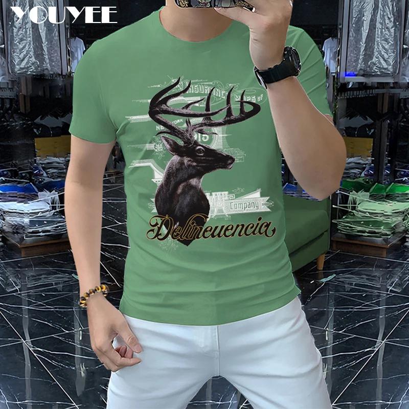 Yaz Yeni Tasarım erkek tişört Geyik Baskılı Moda Erkek Merserize Pamuk Tees Rahat Yüksek Kaliteli Erkek Üst Yeşil Giyim