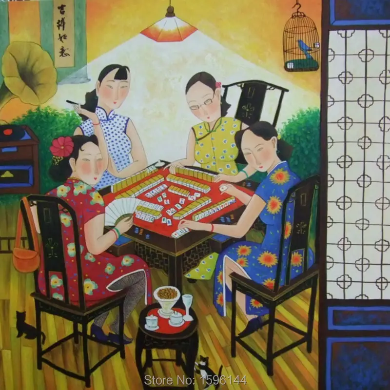 Yağlıboya El Boyalı Çin ressamlar Hu YongKai Mahjong Zaman Boyama Tuval Modern Duvar sanat resmi Ev dekor 90x90 cm #2