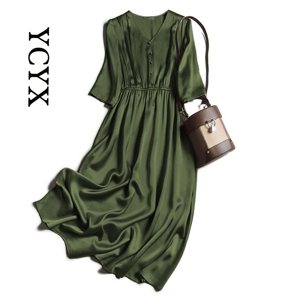 YCYX kadınlar uzun elbise Bahar Yeni Gelenler Gri Elbise Zarif Elbise Akşam Yemeği Parti Elbise Orta buzağı saten yaz elbisesi YCYX015