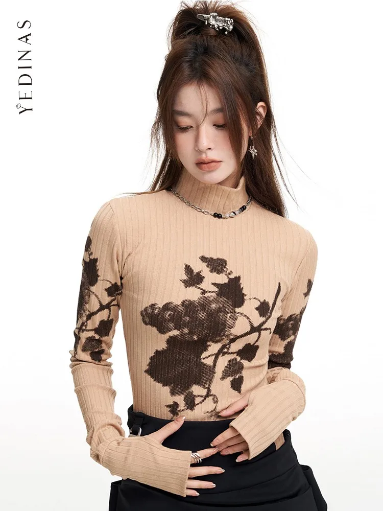 Yedinas Baskı Çiçek T Shirt Vintage Y2k Uzun Kollu Balıkçı Yaka Gömlek Grunge Kadın Streetwear İnce Tee Gömlek Femme Sonbahar Yeni