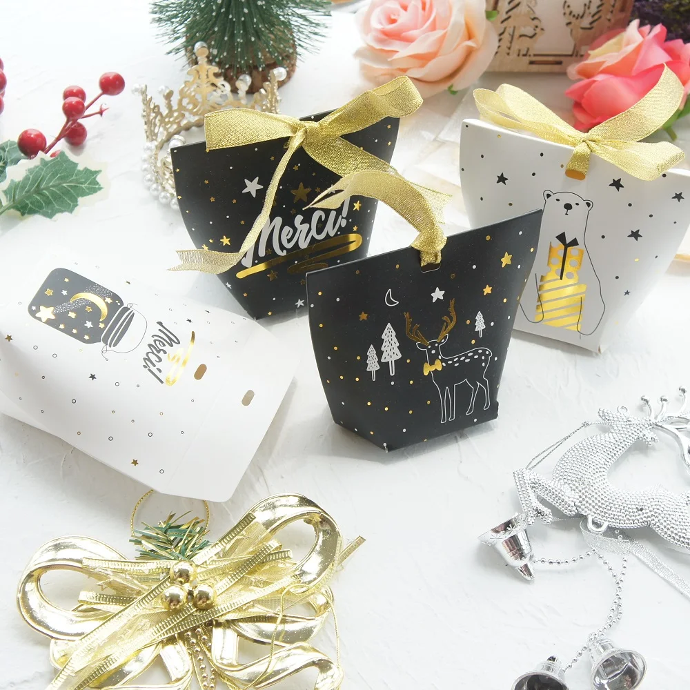 Yeni 10 adet altın Merry Christmas ayı geyik kağit kutu Hediye olarak Şeker Çerez Tatlı Ambalaj parti ıyilik hediyeler DIY kullanımı