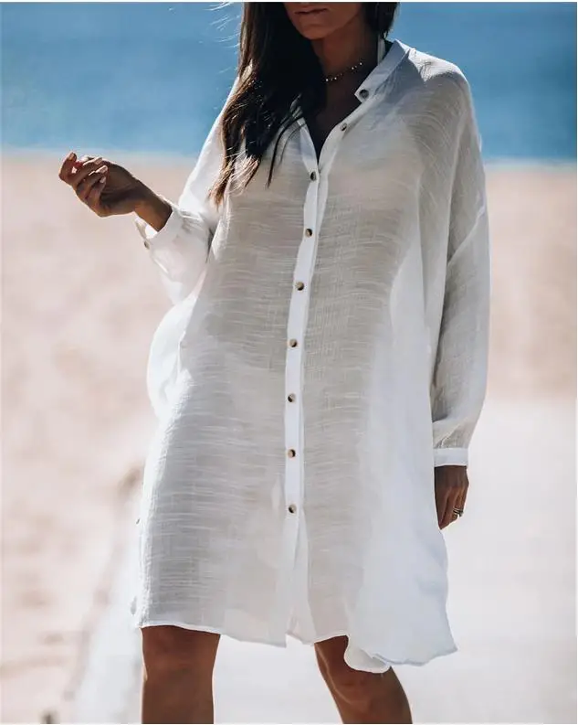 Yeni Kadın Tek Göğüslü Orta Uzunlukta Şantuk Gömlek Düz Renk Plaj Güneş Koruyucu Sahil Eğlence Tatil Uzun Kollu Bikini Kapak