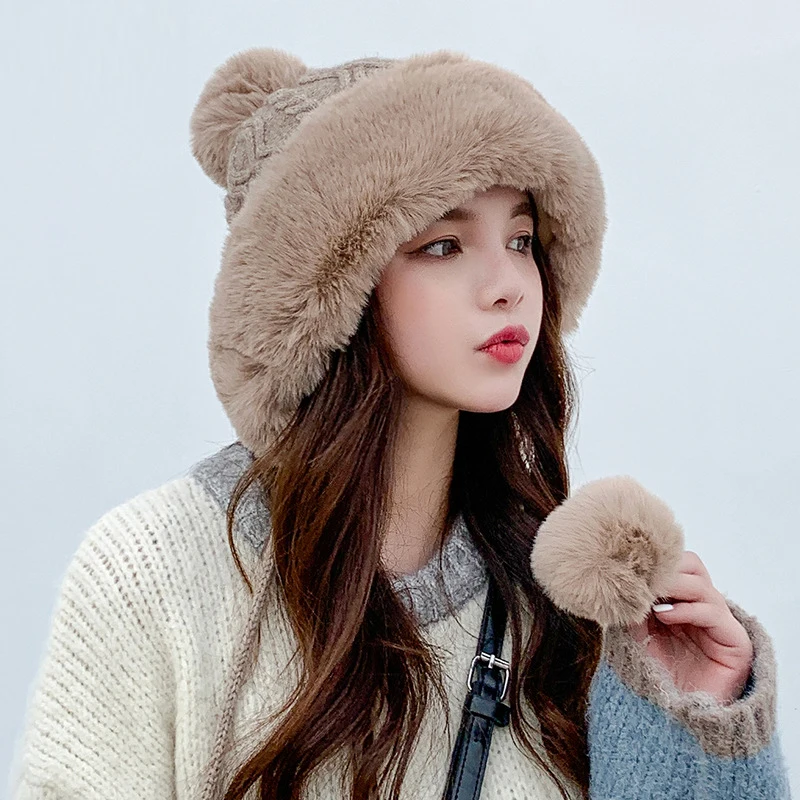 Yeni Moda Kadınlar Kış Sıcak Kayak Büyük Kürk Pom Poms Sıcak örgü şapka seti Kış Kadın Yün Bere şapka Kalın Skullies Kadın Şapka Kapaklar
