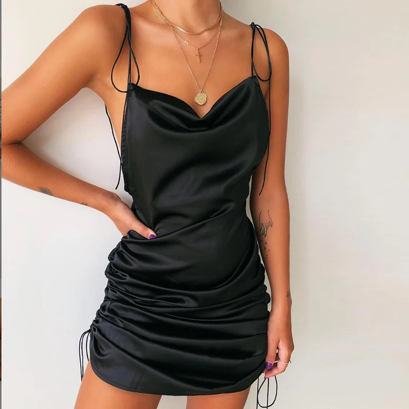 Yeni Moda Rahat Spagetti Sapanlar Backless Kolsuz Alt Uzunluk Ayarlanabilir Elbiseler Kadınlar için 2021 Yaz Seksi siyah elbise