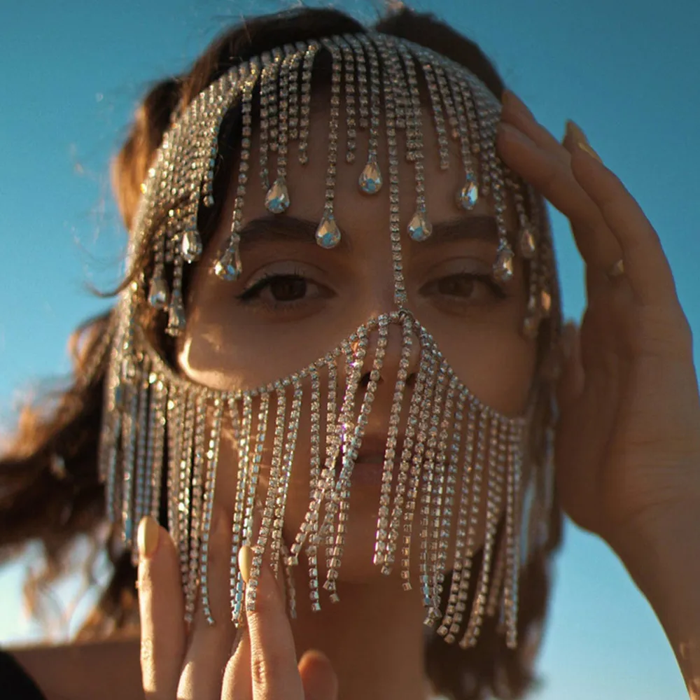 Yeni Rhinestone Uzun Püskül Su Damlası Kapak Tam Yüz Zinciri Maskesi Kafa Bandı Kız için Parlak Kristal Kafa Zinciri Yüz Aksesuarları