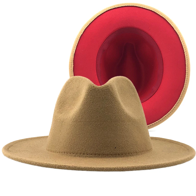 Yeni Unisex tan kırmızı Patchwork Keçe Caz Şapka Kap Erkek Kadın Düz Ağız Yün Karışımı fötr şapkalar Panama Fötr Vintage Şapka XL
