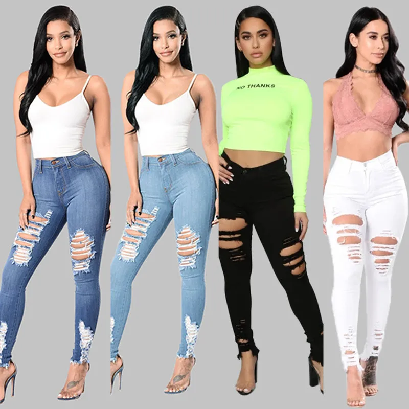 Yeni Varış 4 Renkler Kadınlar Için Yırtık Yüksek Bel Kot Moda Skinny Denim kalem pantolon Ince Uzun Pantolon S-3XL Damla nakliye