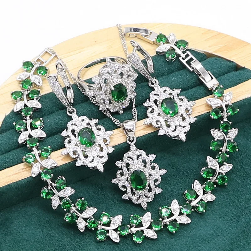 Yeşil Zümrüt 925 Ayar Gümüş takı seti Kadınlar için Düğün Parti Bilezik Küpe Kolye kolye Yüzük doğum günü hediyesi