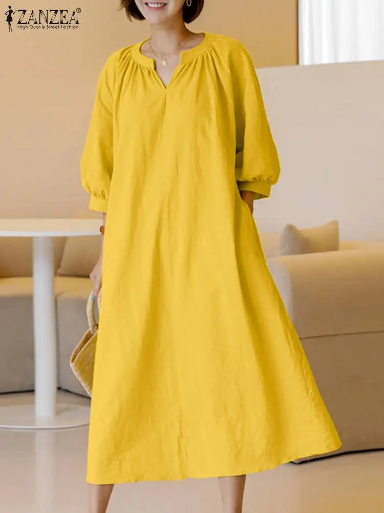 ZANZEA Zarif Rahat Katı Elbise Kadınlar 3/4 Kollu Vestido V Yaka Orta Buzağı Uzunluğu Elbiseler Sonbahar Vintage Parti Tatil Elbise 2022