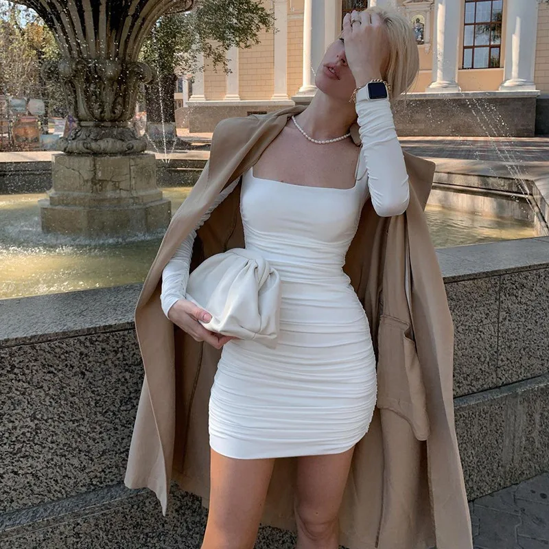 Zarif Kadın Uzun Kollu Beyaz Elbise Moda Düz Renk Kare Yaka Pilili Slim Fit Kısa Elbise Vintage Bayan Mini Elbise