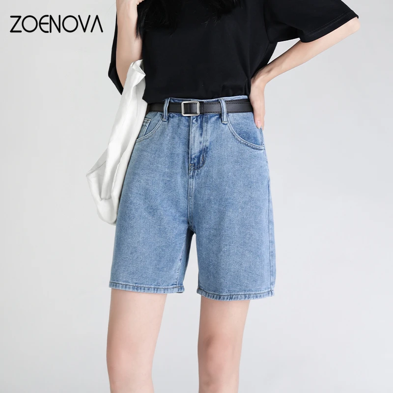 ZOENOVA Kadınlar Mavi Baggy Kot Şort Geniş Bacak Yüksek Bel Zarif Yaz 2022 Y2K Casual Kadın Streetwear Düz Kot Şort