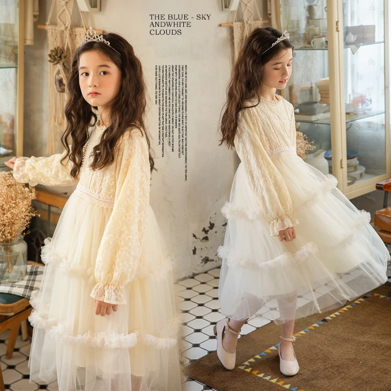 Çocuk Giysileri 2023 bahar uzun kollu elbise Dantel Prenses Elbiseler Bej Akşam Parti Elbise Kızlar için Çocuk Düğün Kostüm 10 12 Y