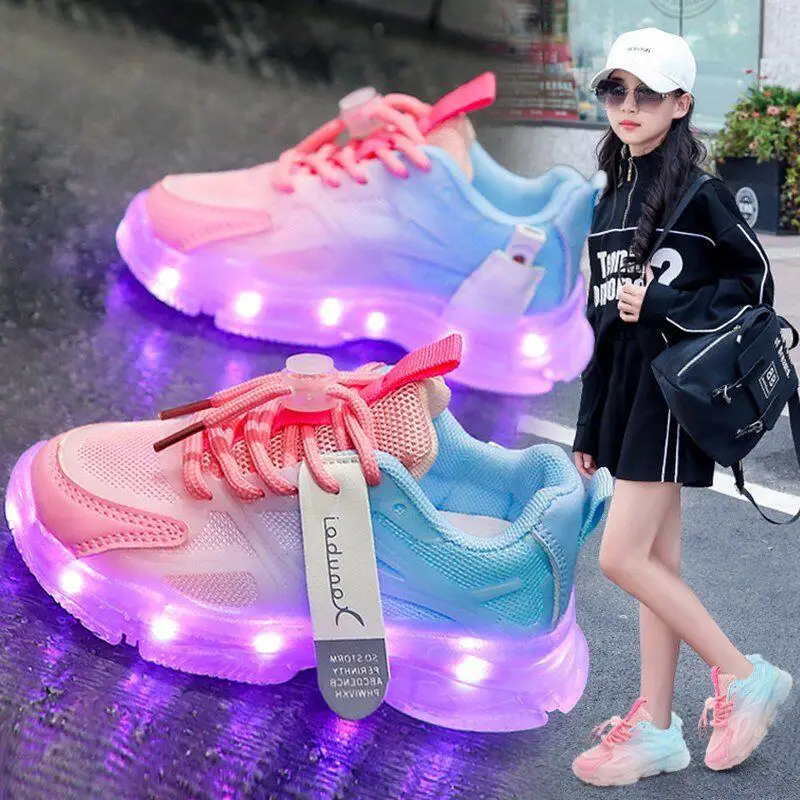 Çocuk Led Ayakkabı Erkek Kız İşıklı Sneakers USB şarj aleti Parlayan Ayakkabı Örgü Nefes Renkli Aydınlatma Ayakkabı Aydınlık Taban