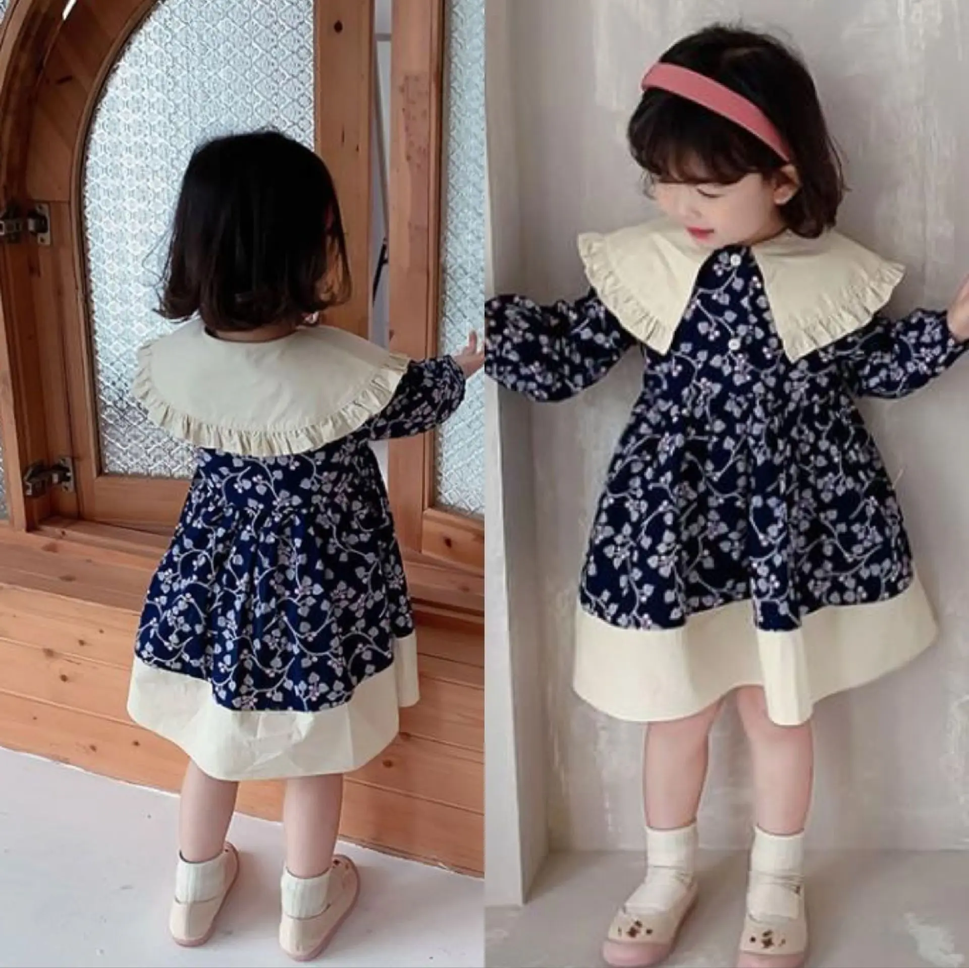 Çocuk Çiçek Elbise Bahar Yeni Kız Tatlı Bebek Elbiseleri Yaka Retro İngiliz Tarzı Prenses Charm Vestidos Bebek Çocuk Giyim