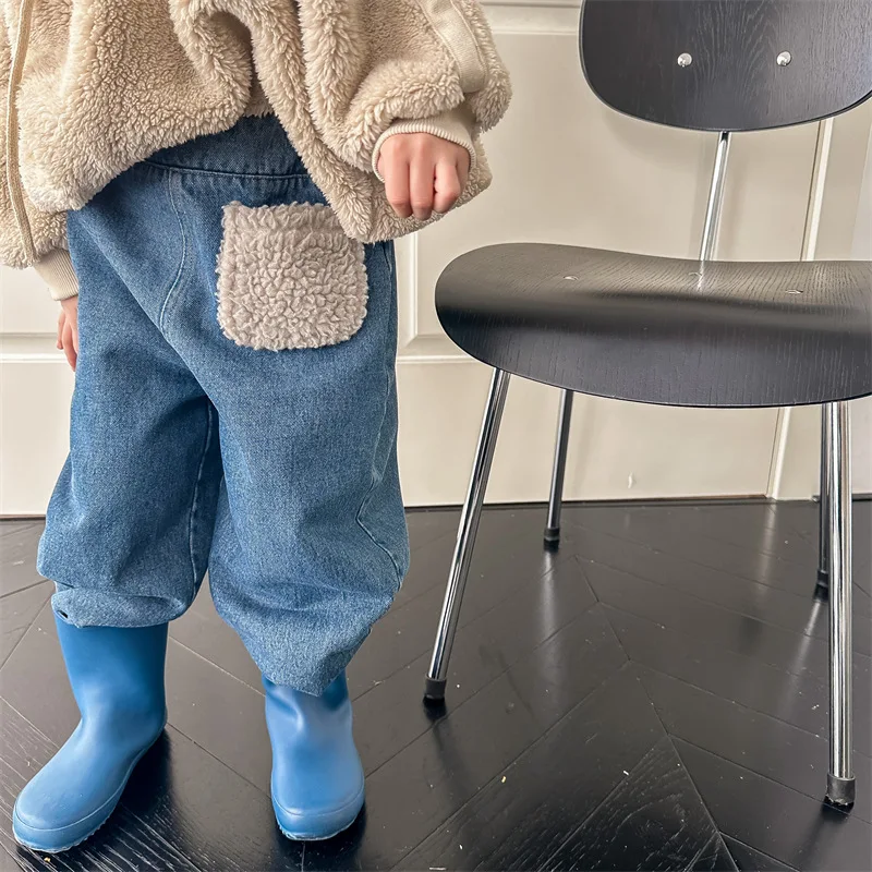 Çocuklar Kış Polar Kalınlaşmış Peluş Kot Erkek Rahat Basit Denim Pantolon Çocuk Kız Sıcak Rahat Geniş Bacak Pantolon