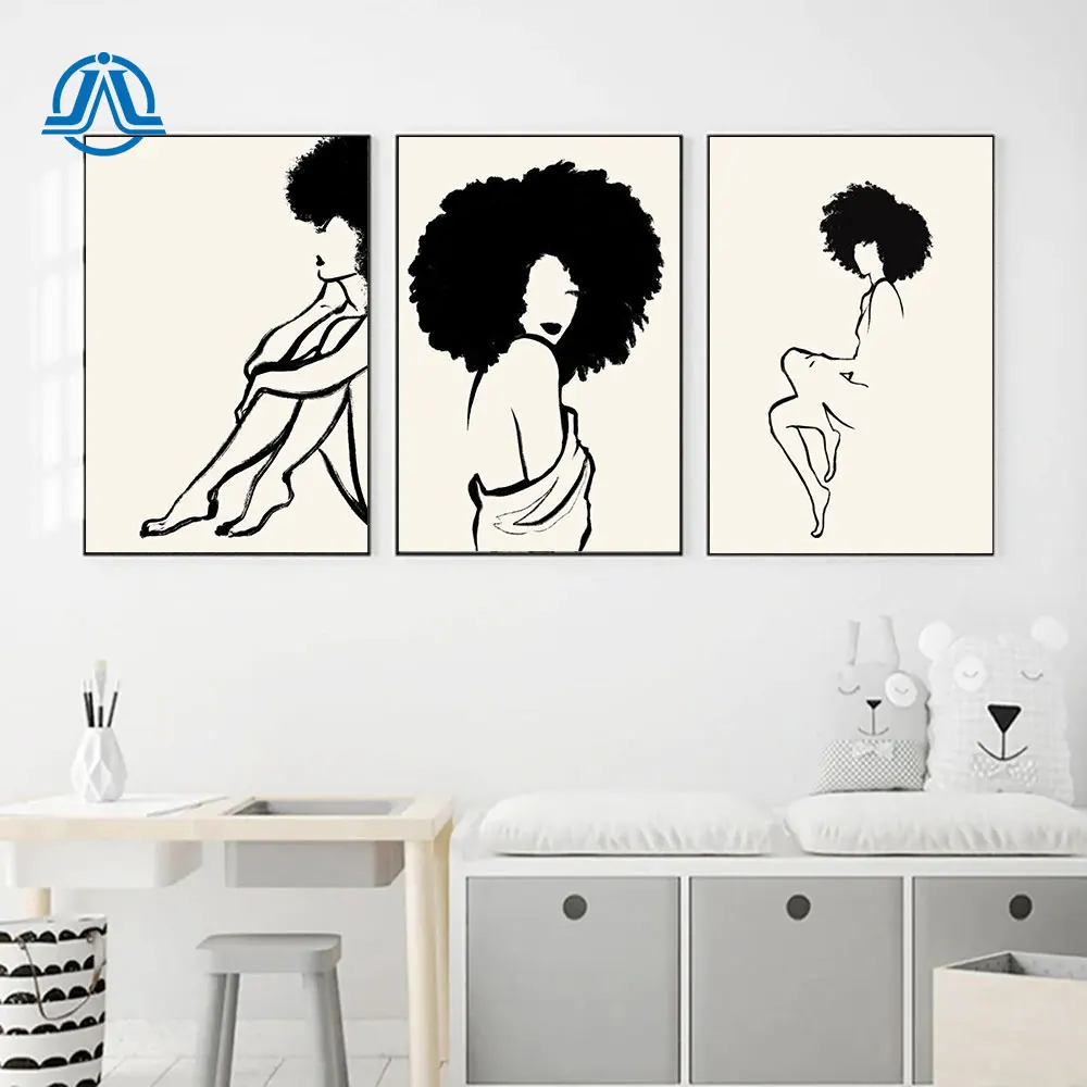 Çıplak Çizgi Sanat Baskı Duvar Sanatı Siyah Kadın Kadın Figürü Minimalist Çizim Kadın Afro Feminist Doğal Saç Tuval Boyama