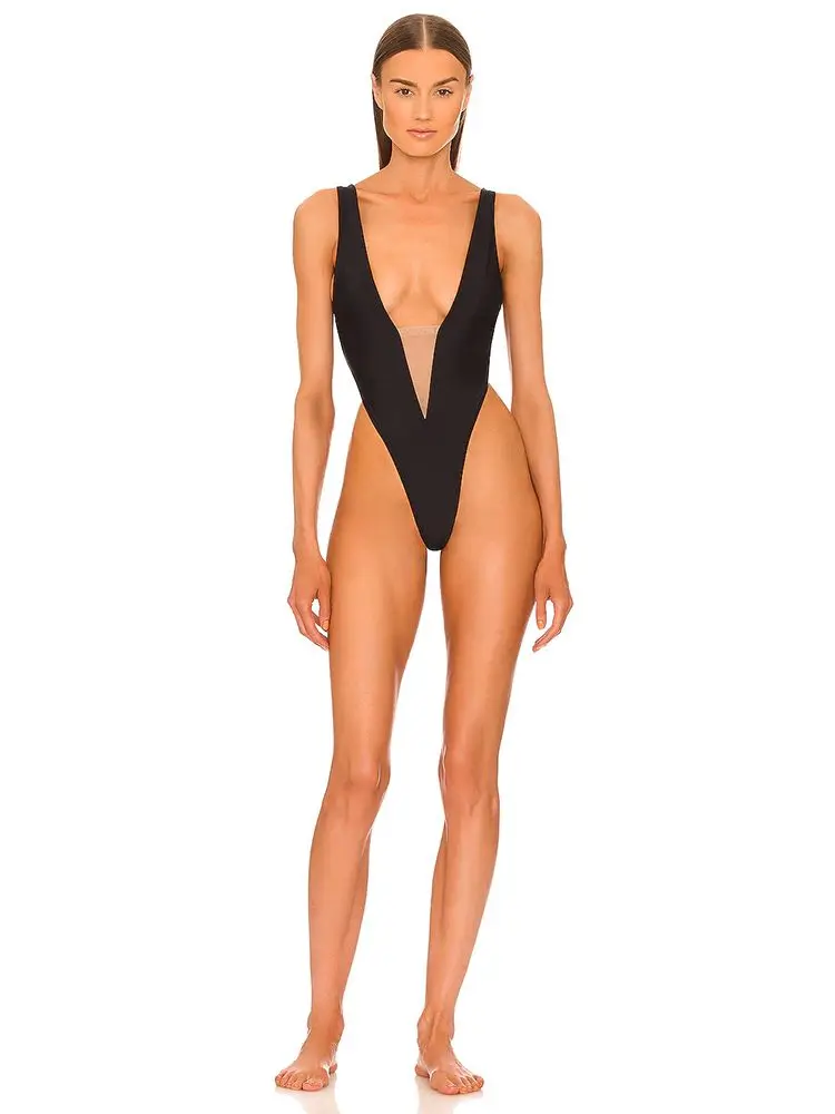 Örgü Derin V Boyun Bandaj Bodysuit Bikini Tek parça Kadınlar için 2022 Yaz Siyah Kolsuz Plaj Bodysuits Seksi Romper Mayo