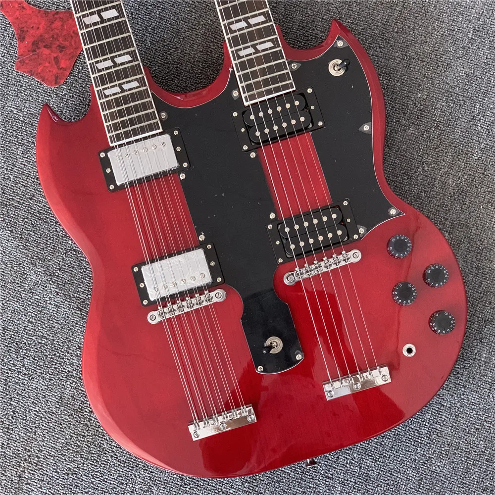 Özel Elektro Gitar, koyu Kırmızı JimmyPage çift boyun 6 + 12 dizeleri gitar guitarra
